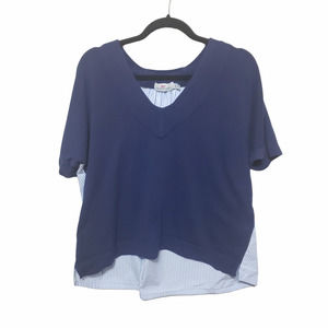 Vineyard Vines Mixed Media V-Neck Sweater Short Sleeve Size Medium Navy Blue